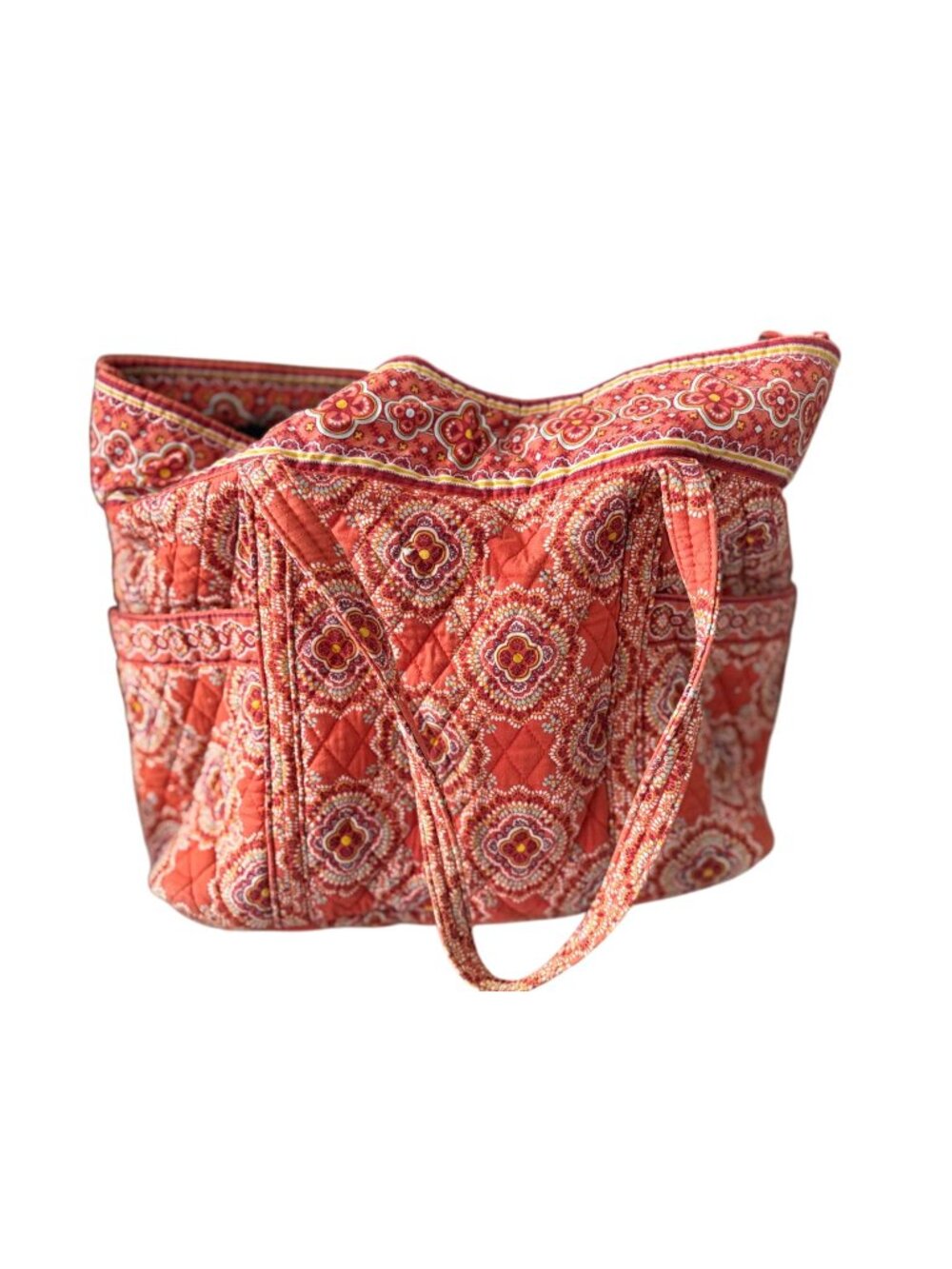 Vera Bradley Quilted XL Tote Bag Multiple Pockets & Key Clip Red/Pink Pattern Ap